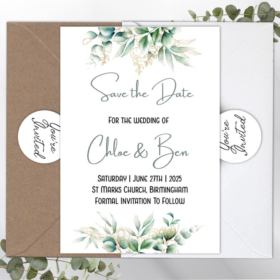Save The Date Cards Personalised Wedding, Birthday or Christening, Eucalyptus