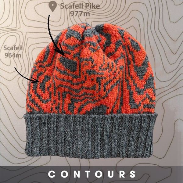 Orange, Grey Merino Unisex Beanie. Contours, Scafell Pike Lake District Map hat