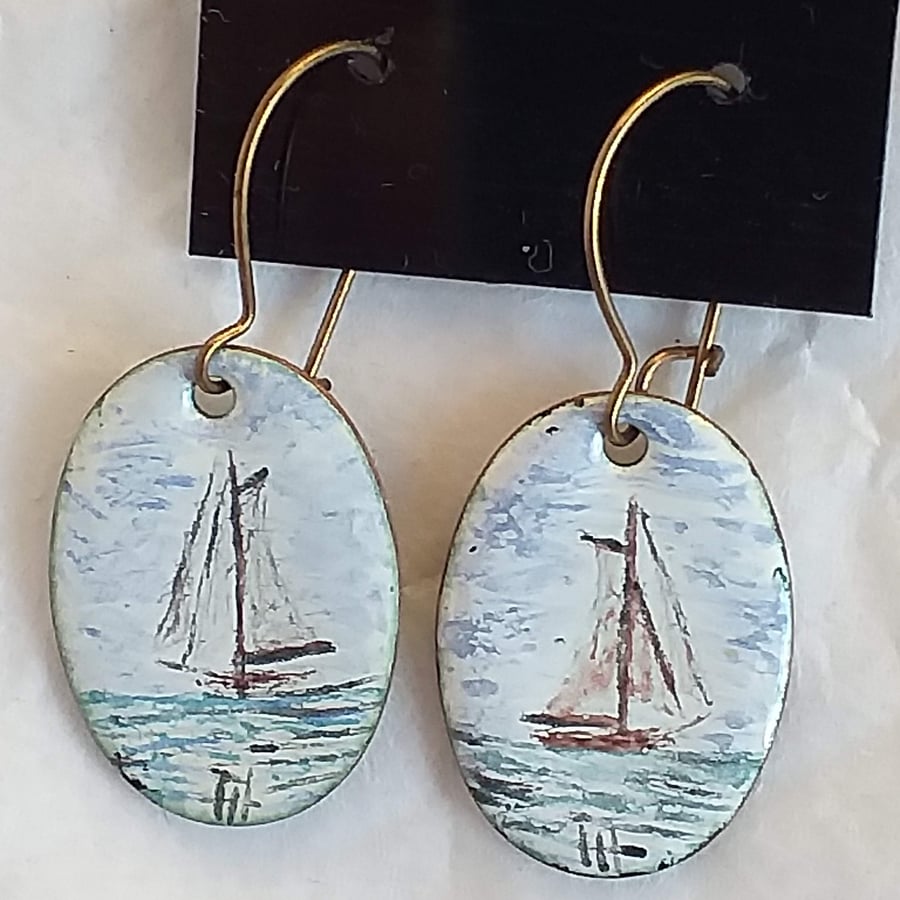 earrings: painted enamel - sailboat