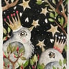 Original Whimsical Birds and Stars Watercolour 