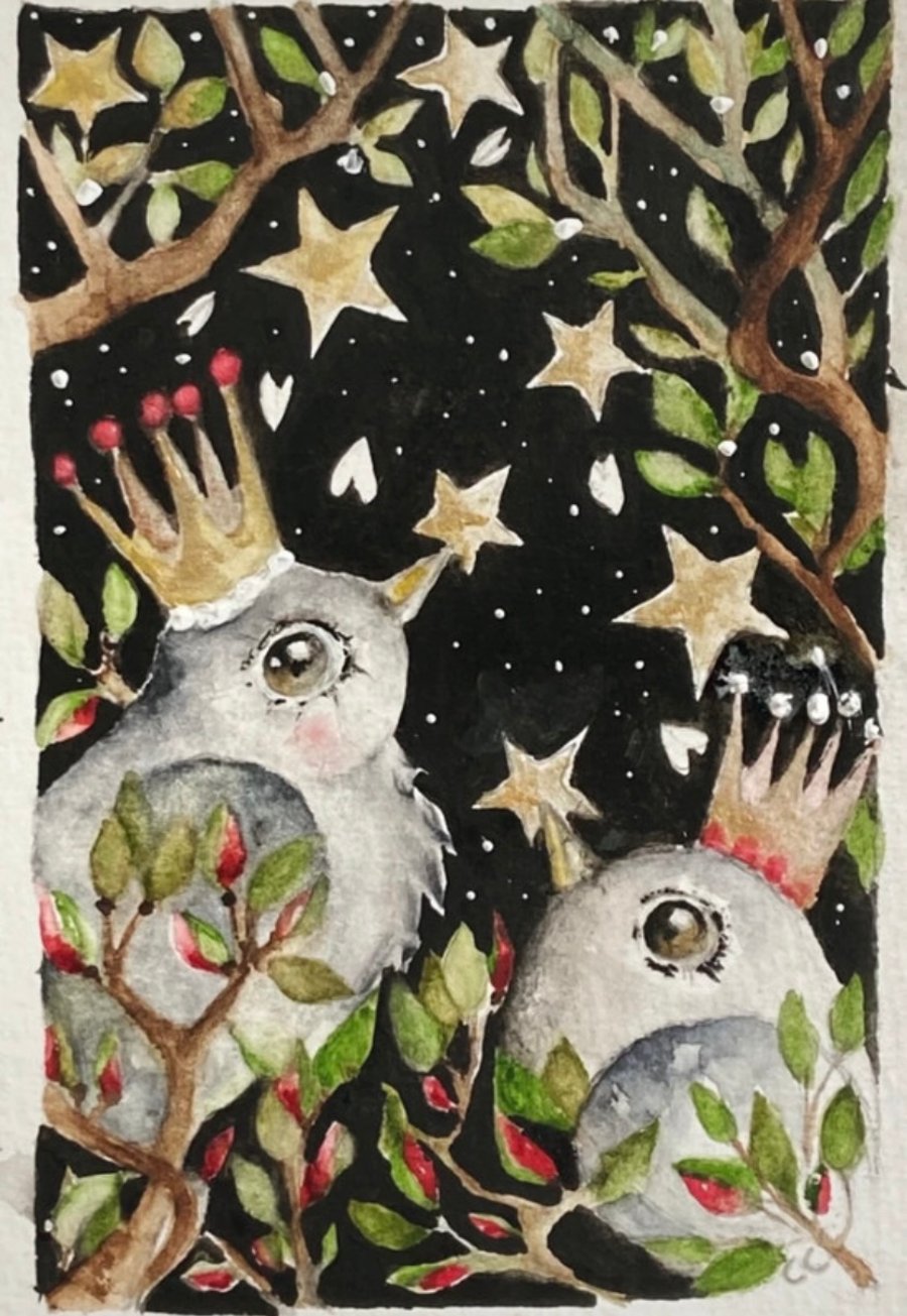 Original Whimsical Birds and Stars Watercolour 