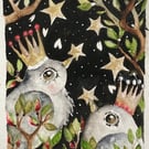 Original Whimsical Birds and Stars Watercolour 
