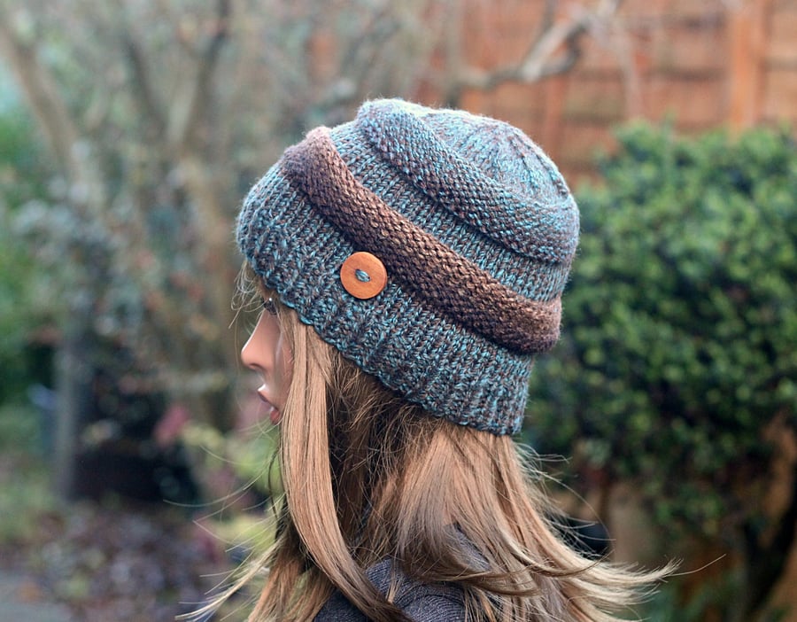 HAT knitted grey, chunky teal brown hat, women's beanie cap, gift, UK