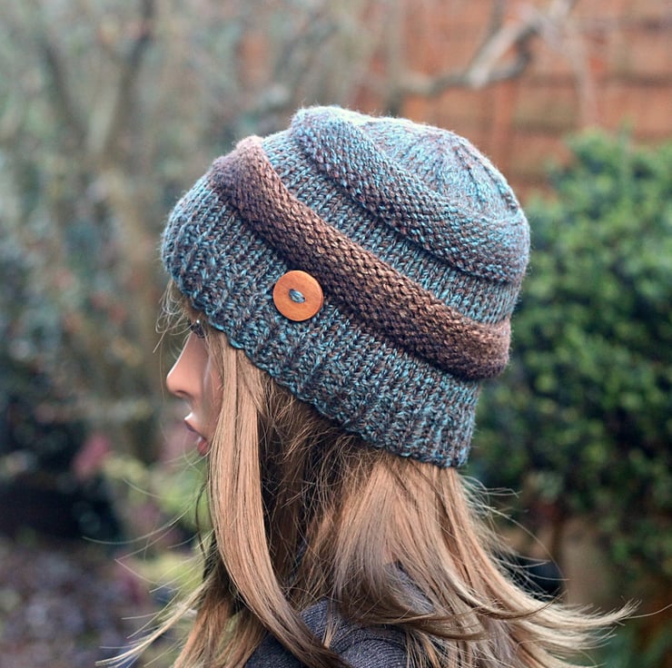 HAT knitted grey, chunky teal brown hat, women's beanie cap, gift, UK