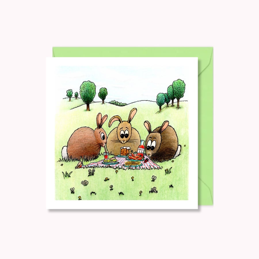 Rabbit Picnic Greeting Card: Funny Bunny Pencil Illustration (223)