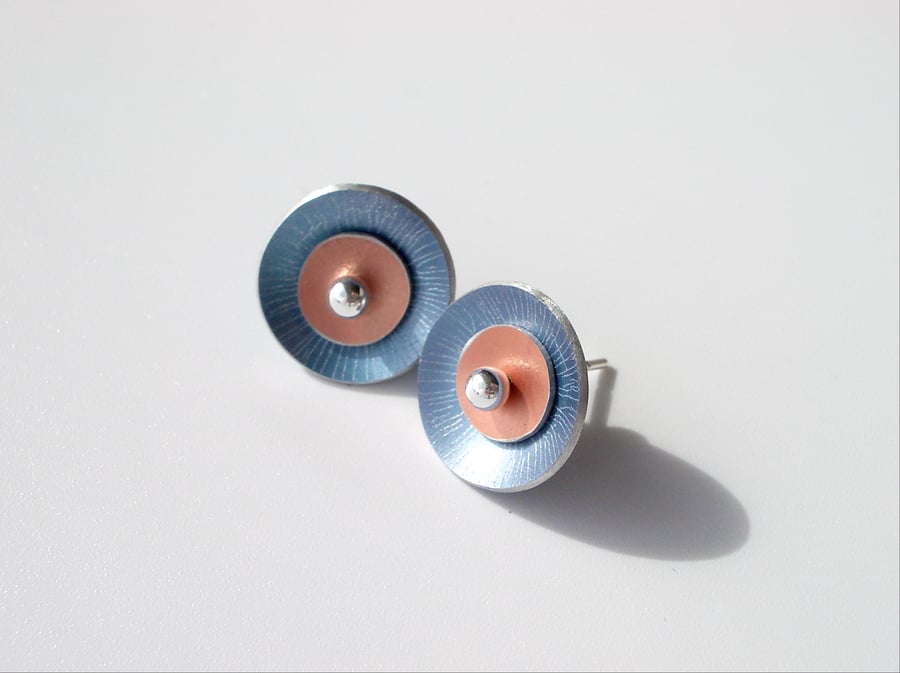 Circle earrings studs in blue grey and peach