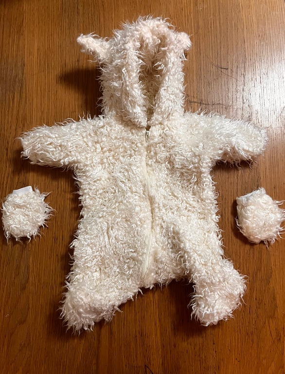 Baby polar bear all in one costume made from faux fur