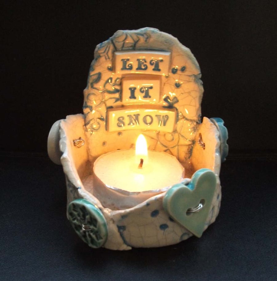 Christmas ceramic tea light holder with snowflakes and heart