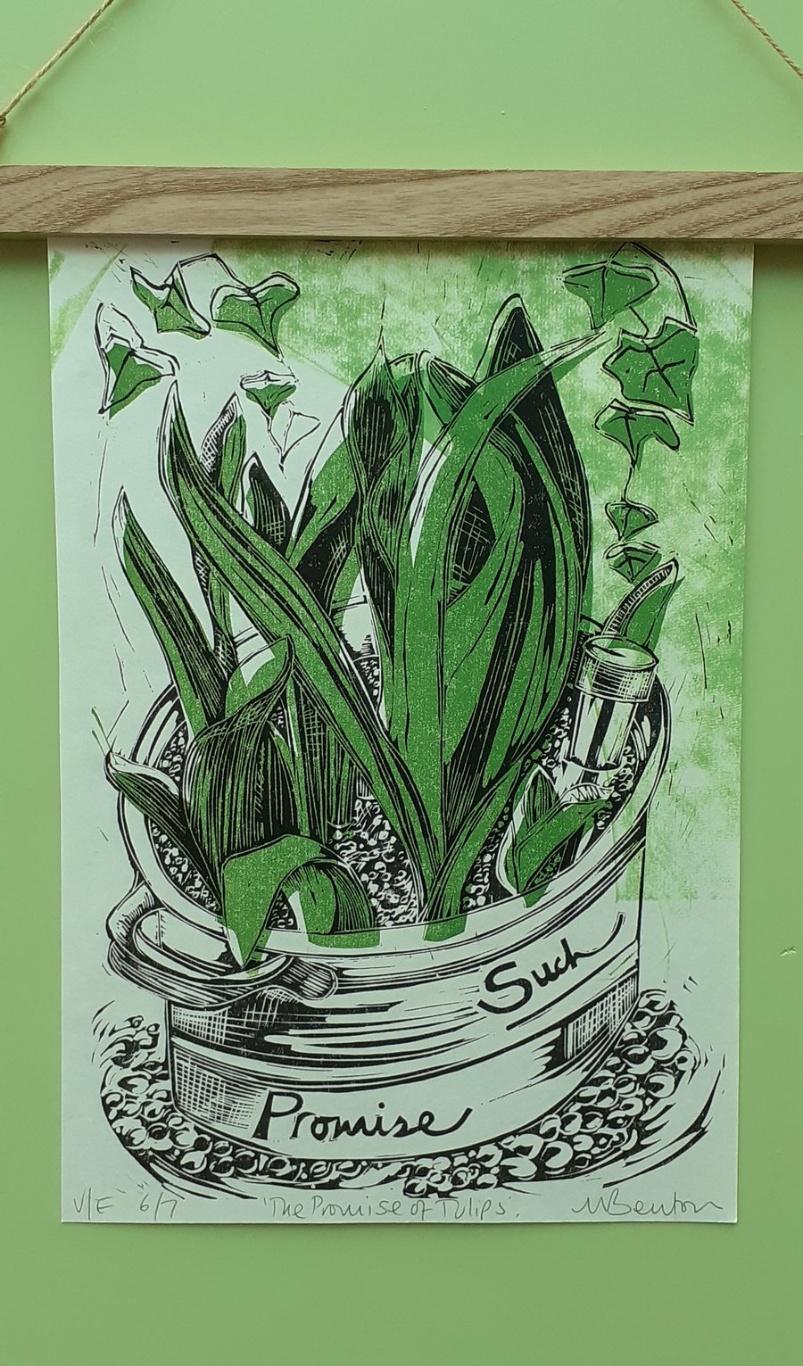 'The Promise of Tulips', Two Block Lino Print over Green (VE no.6 of 7)