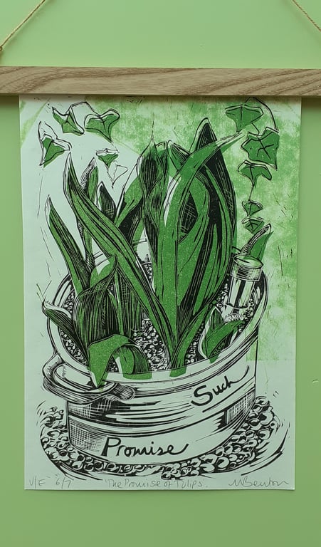 'The Promise of Tulips', Two Block Lino Print over Green (VE no.6 of 7)