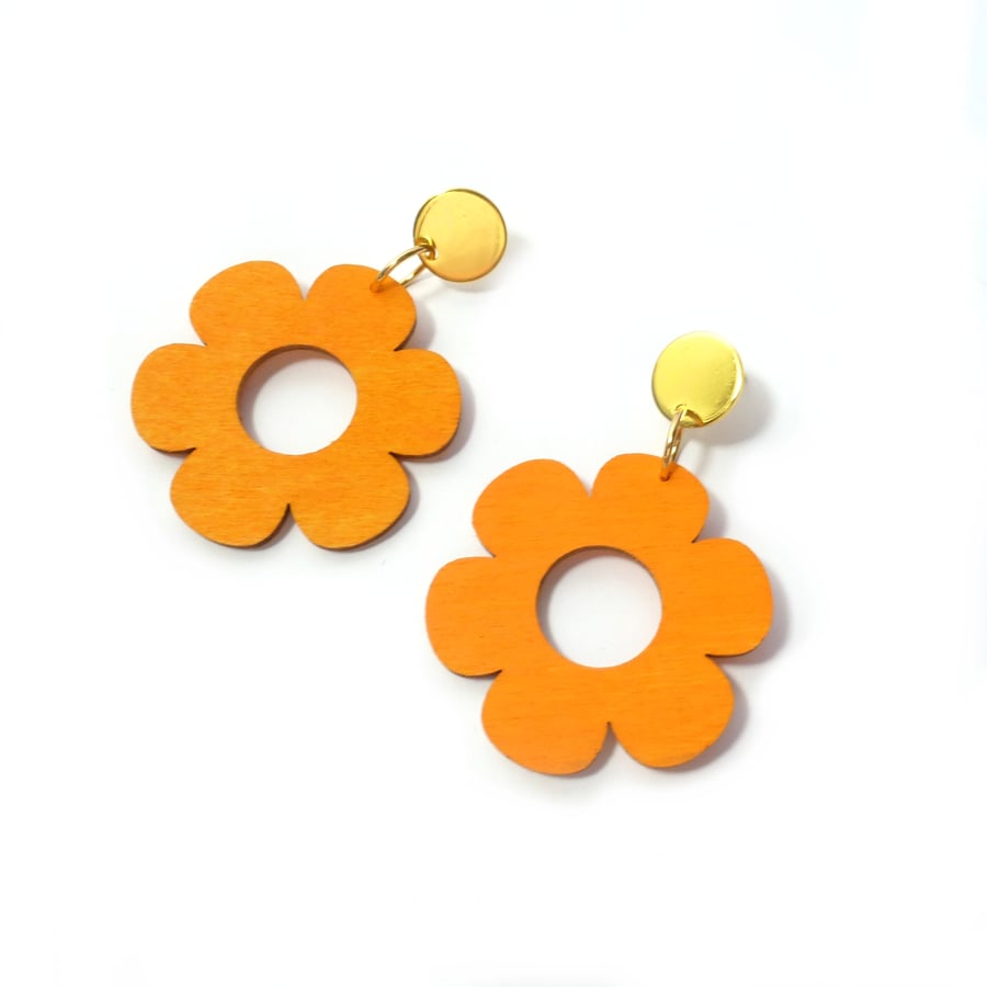Orange flower earrings, eco-friendly orange wooden earrings, 