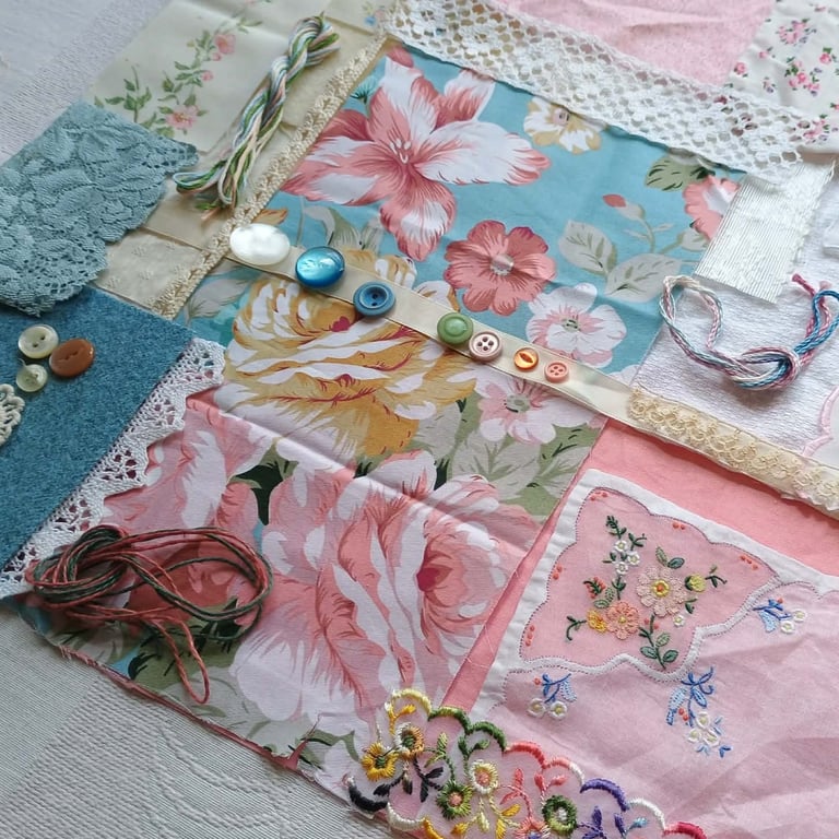 Large Slow Stitching kit - Early summer florals - pink and blue vintage textiles