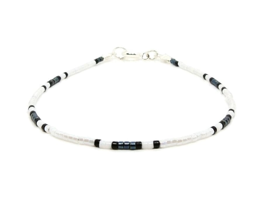 Black & White Dainty Seed Bead Stacker Bracelet - 6.5" - 8.5"
