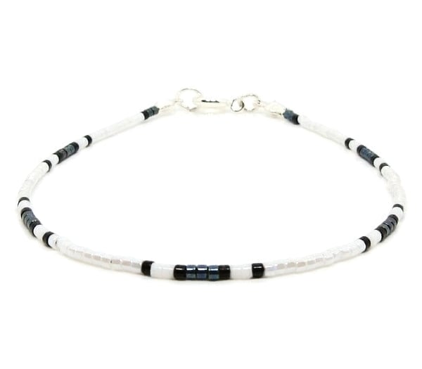 Black & White Dainty Seed Bead Stacker Bracelet - 6" - 8.5"