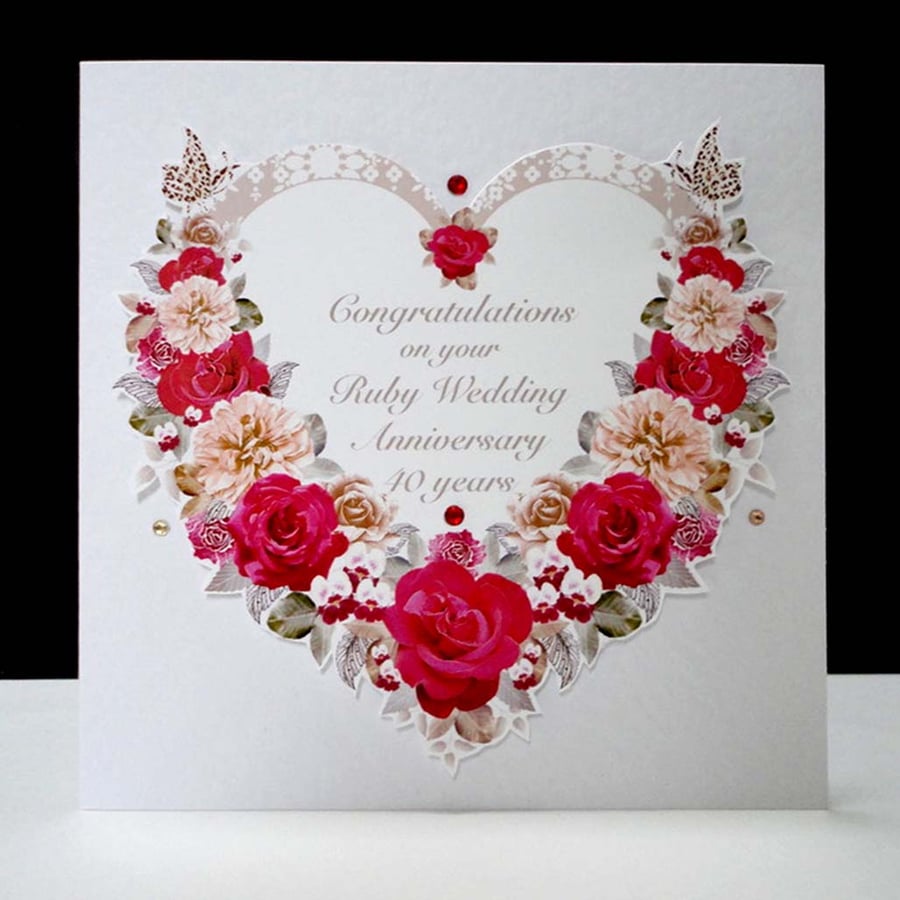 A Luxury Ruby Anniversary Handmade Card - Antique Red Rose - unique design