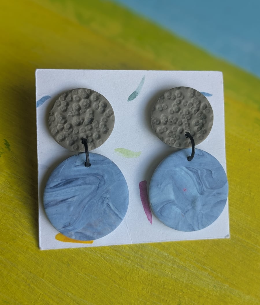 Lightweight dangly earrings,   khaki and  marbled blue, polymer clay earrings