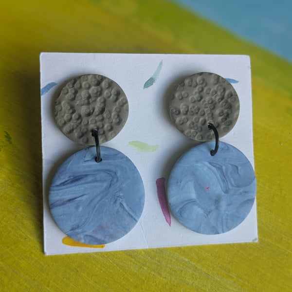 Lightweight dangly earrings,   khaki and  marbled blue, polymer clay earrings