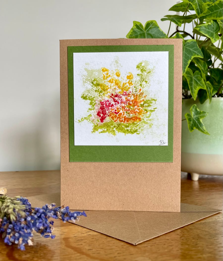 Card, original art, hand painted floral watercolour card, autumn colours.