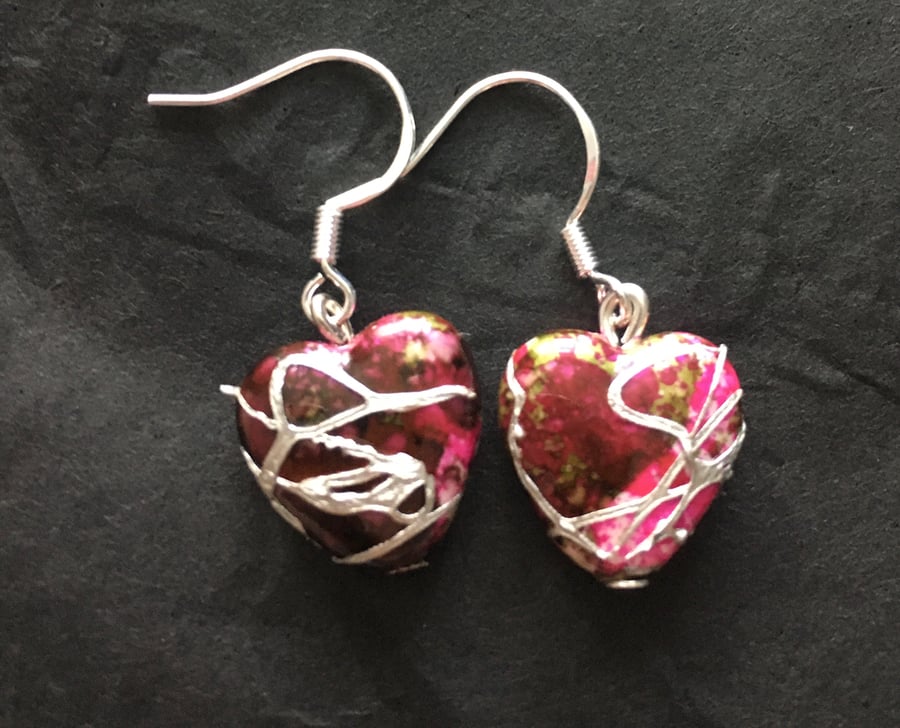 Red with silver heart earrings 