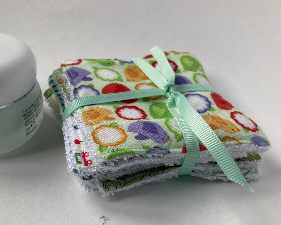 Reusable face wipes - bamboo and cotton. Coordinating fabric storage basket.