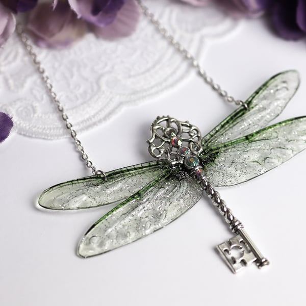 Fairy Wing Key Necklace Green Dragonfly Fairycore Cottagecore Boho Fairy Gift