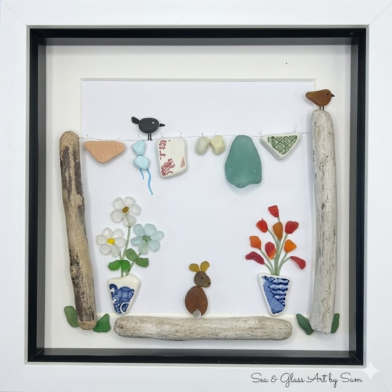 Handmade Sea Glass Washing Line Picture - Framed 8x8 Garden Cottage Pebble Art