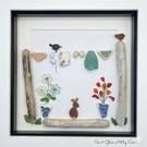 Handmade Sea Glass Washing Line Picture - Framed 8x8 Garden Cottage Pebble Art