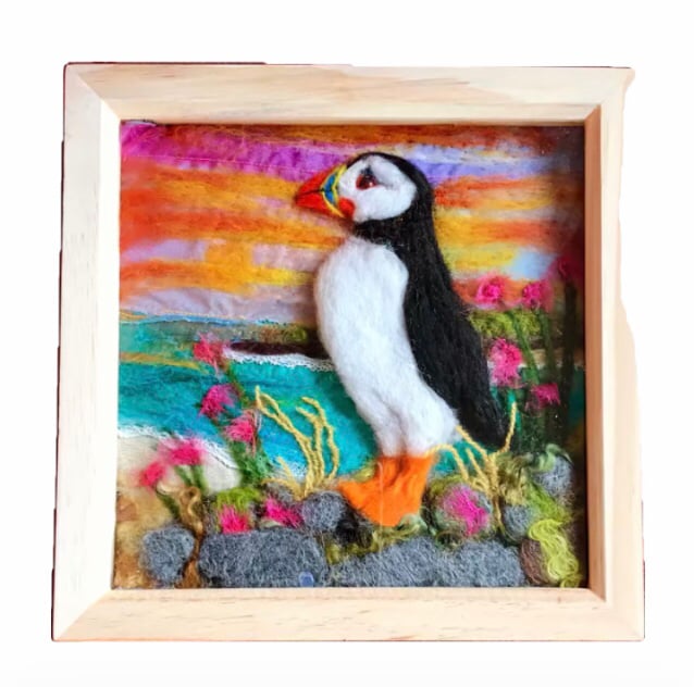 Puffin needle felted textile picture 