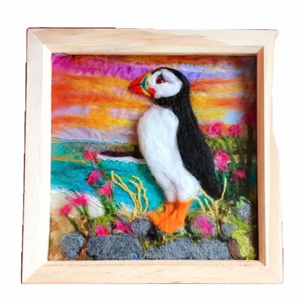 Puffin needle felted textile picture 