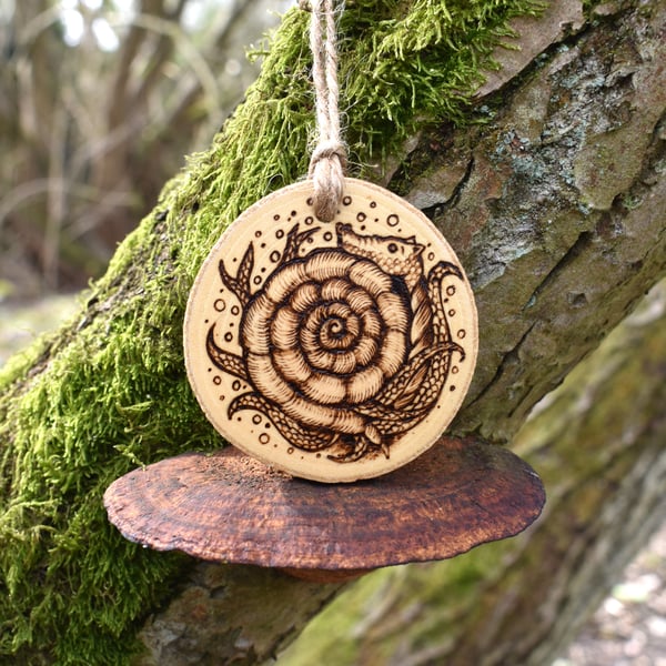 Swirly sea creature, pyrography hanging wood slice decoration gift.