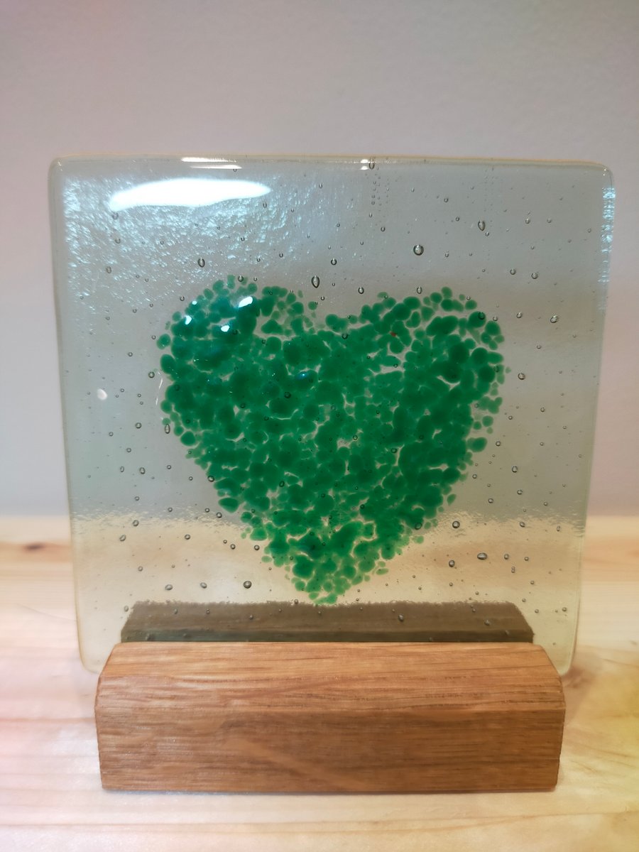 Fused glass heart on oak stand. Ideal for Valentine