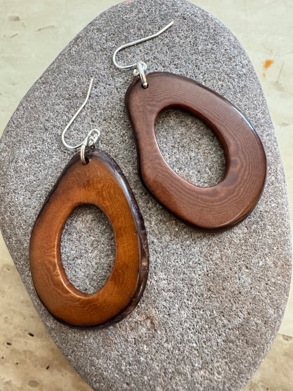 Nutty brown Tagua retro hoop dangle earrings