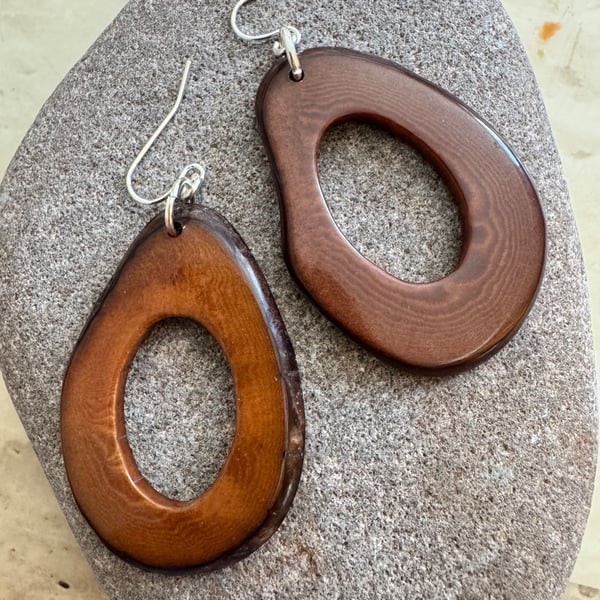 Nutty brown Tagua retro hoop dangle earrings