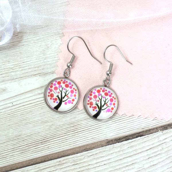 Pink Tree Dangle earrings, white and pink glass and steel earrings