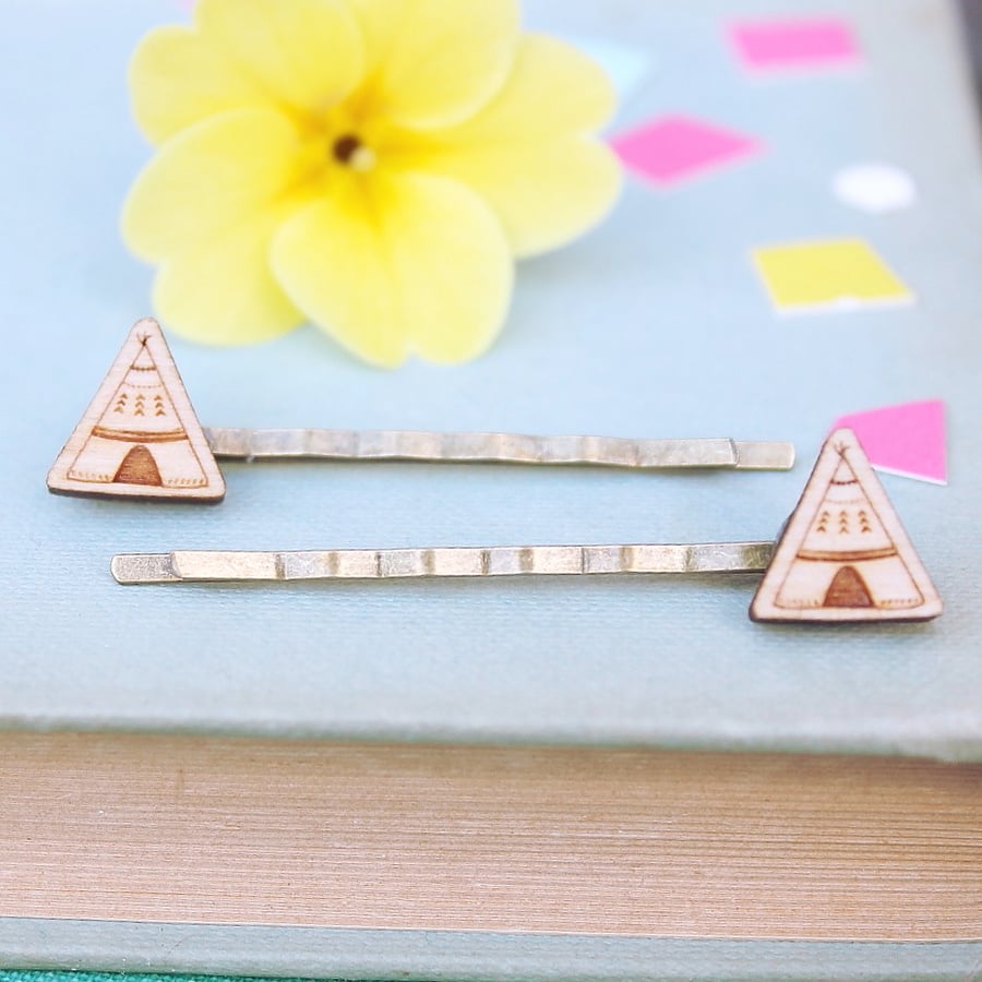 Wooden Teepee Hair Grips