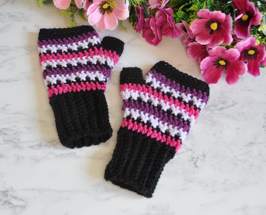 Hand Crochet Fingerless Gloves Mittens Mitts Black Pink Purple Girls Free Post