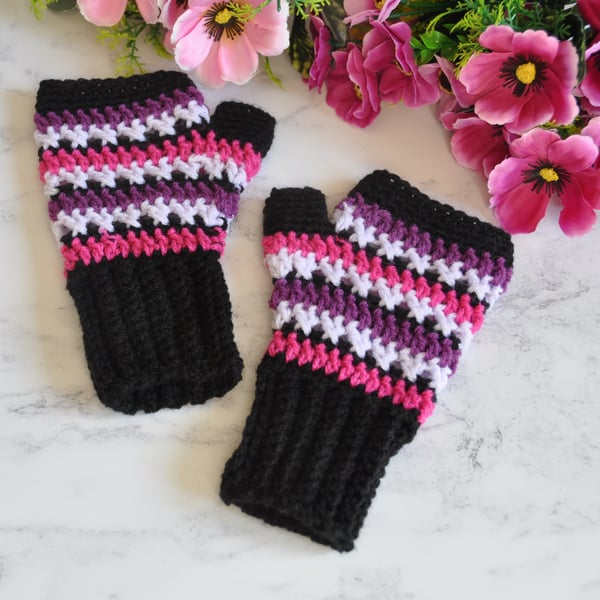 Hand Crochet Fingerless Gloves Mittens Mitts Black Pink Purple Girls Free Post