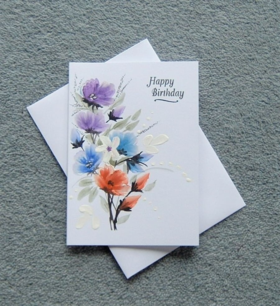 birthday card hand painted floral original art greetings card ( ref F 186 )