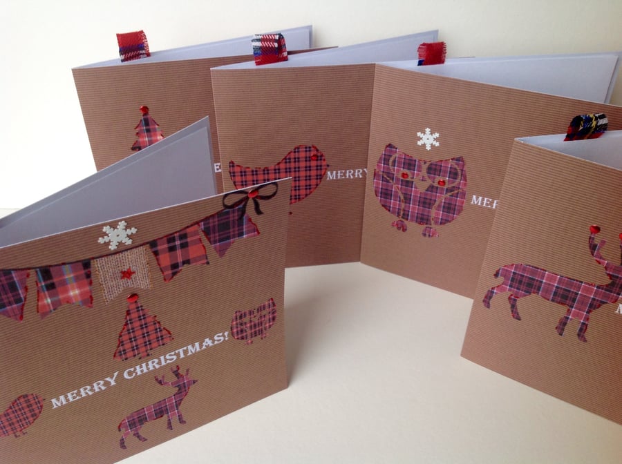 Christmas Cards,Pack of Five,'Tartan Woodland'Handmade Xmas Cards 5pk