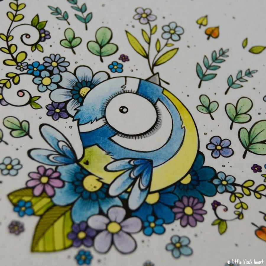 bluetit in bloom - original illustration (A6)