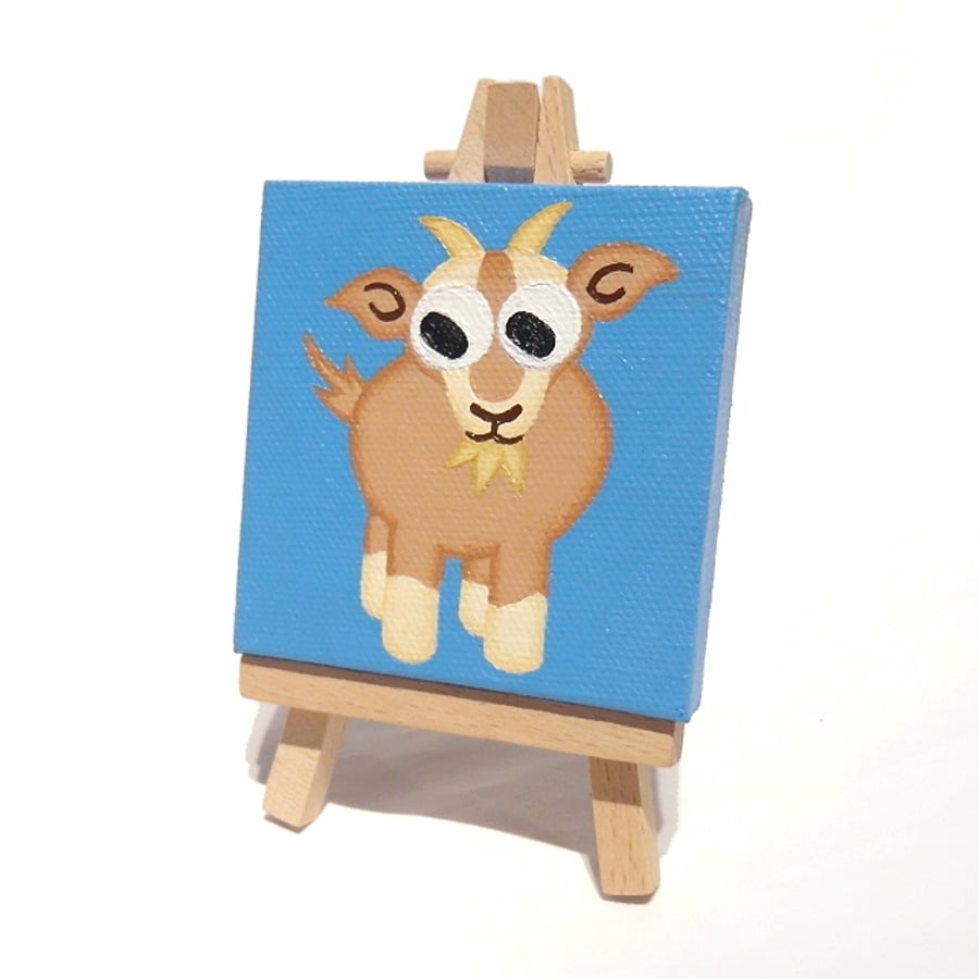Goat Mini Painting with Easel - small original acrylic art of farmyard animal