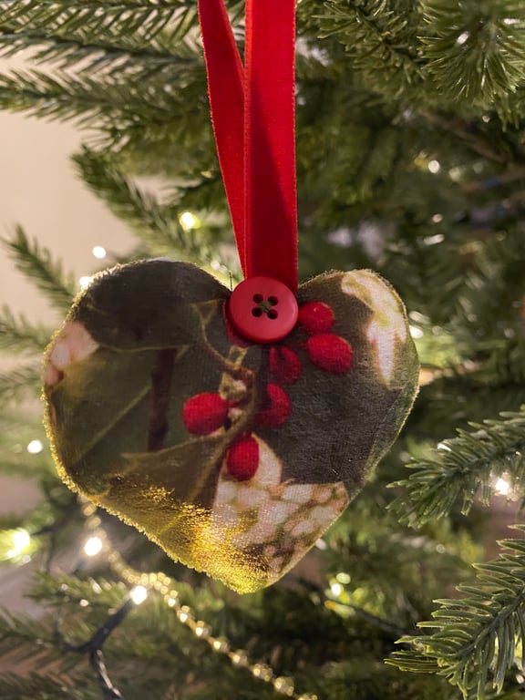 Velvet heart Christmas decoration- Holly print. 