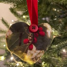 Velvet heart Christmas decoration- Holly print. 