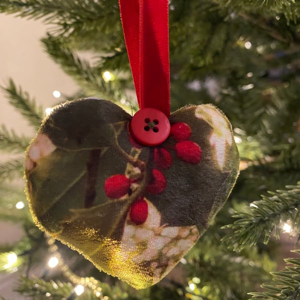 Velvet heart Christmas decoration- Holly print. 