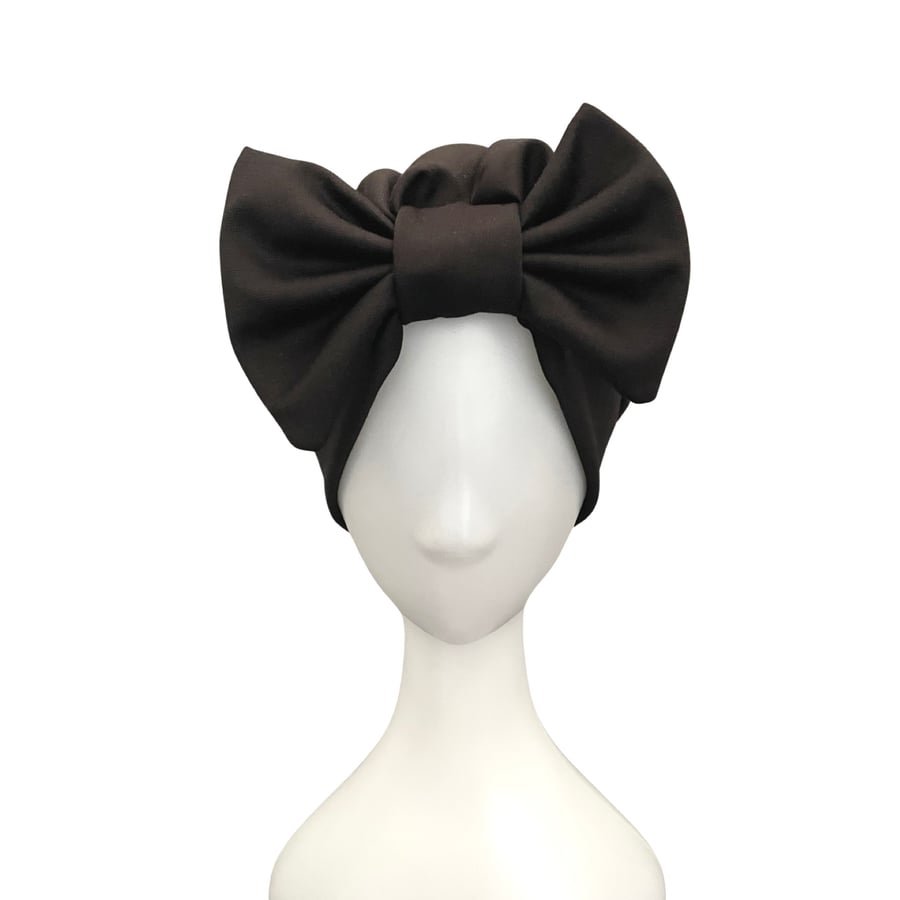Turban for Women - Black pre tied thick jersey bow turban head wrap hat