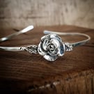 Handmade Rose Flower Silver Cuff Bracelet with Garnets