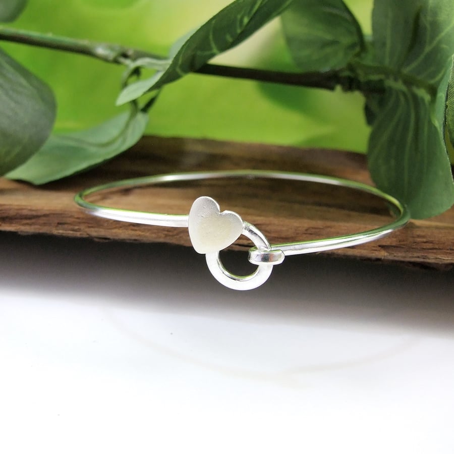 Sterling Silver Tension Bangle with Heart - Small to Medium Fit