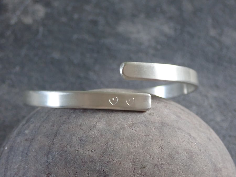 Heart Hand Stamped Recycled Sterling Silver Bangle, secret CWTCH message
