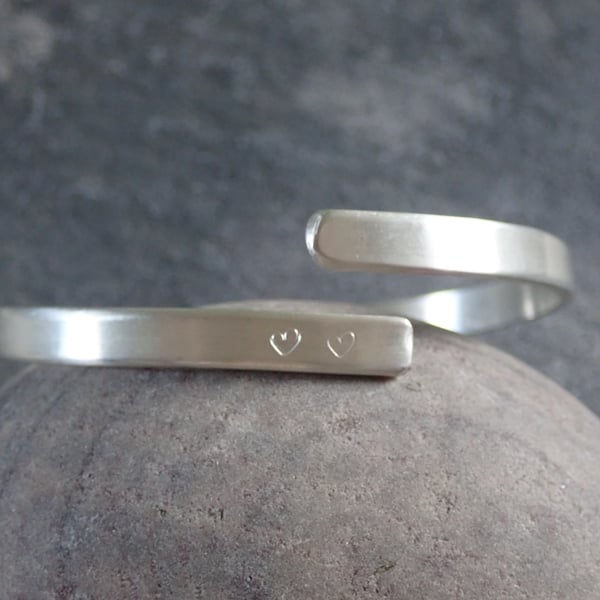 Heart Hand Stamped Recycled Sterling Silver Bangle, secret CWTCH message