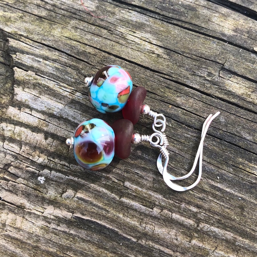 ‘Tutti fruity’ Turquoise & red mix lampwork glass earrings. Sterling Silver 